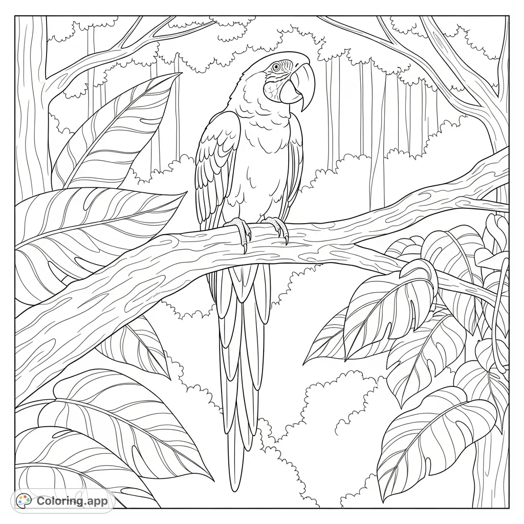 A detailed coloring page featuring a majestic macaw with fanned tail feathers, perched on a textured jungle branch amidst lush tropical leaves and a dense rainforest background.