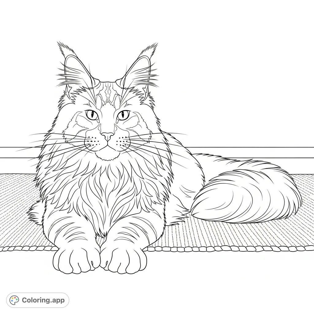 A grand Maine Coon cat rests peacefully with extended paws and a luxurious mane. A simplified, textured rug forms the background, inviting serene coloring.