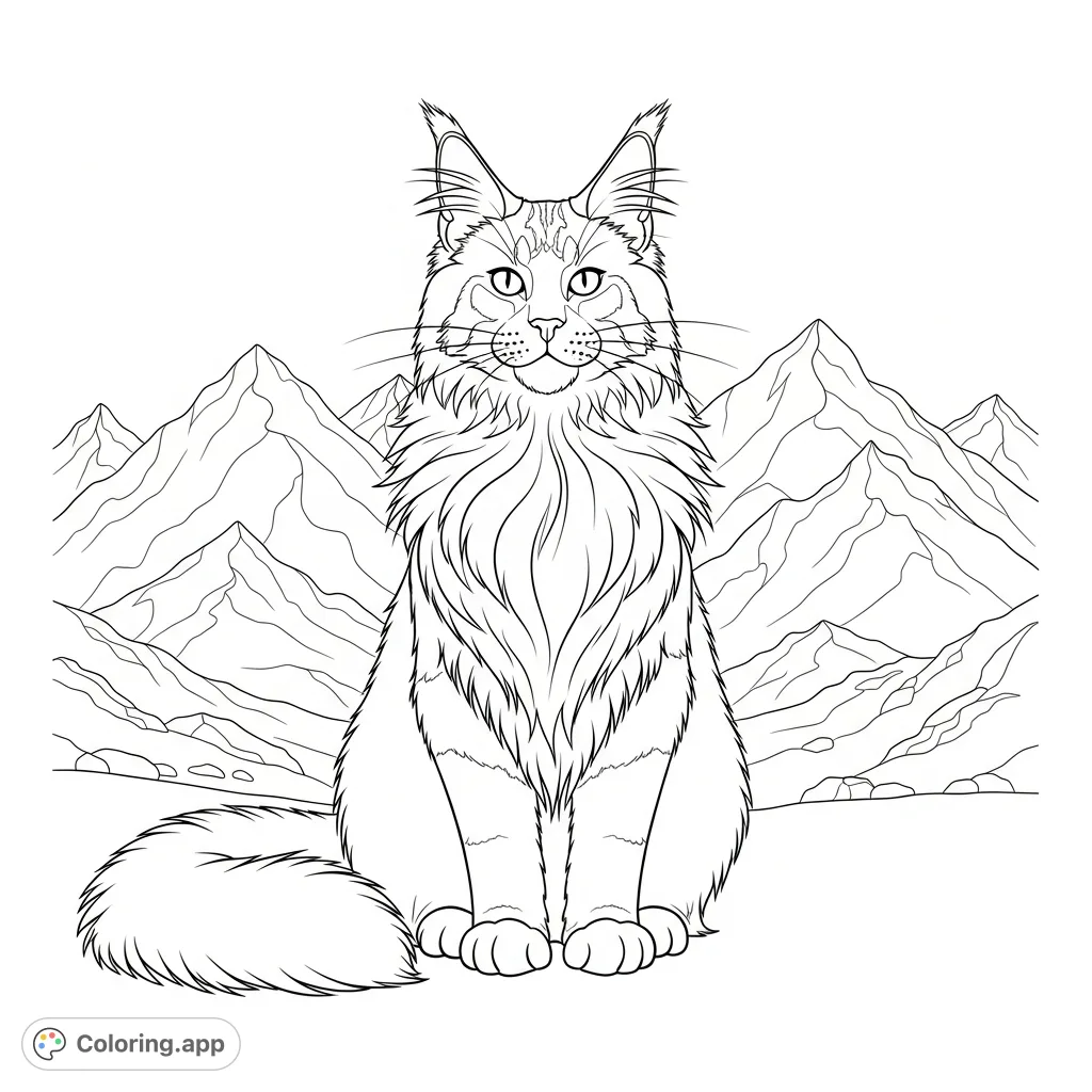 Color a proud Maine Coon cat with richly textured chest fur, sitting regally against a backdrop of serene mountain peaks and natural formations. A delightful animal scene.