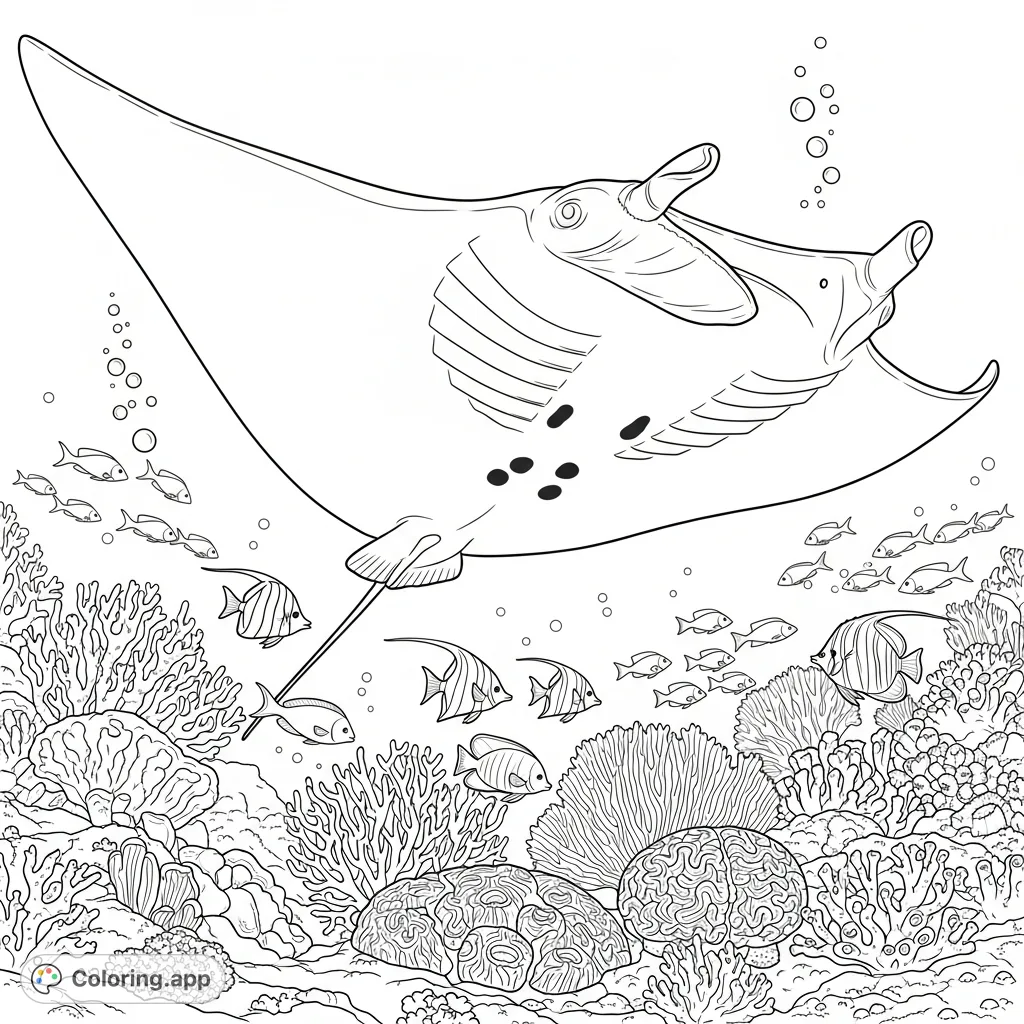 Discover an enchanting underwater world with a graceful manta ray gliding above a detailed coral reef. Perfect for ocean lovers to bring to life.