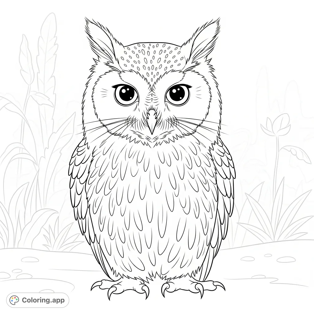 Discover a unique meowl with feline ears, owl talons, and intricate feathery patterns. A delightful fantasy creature coloring page for all ages.