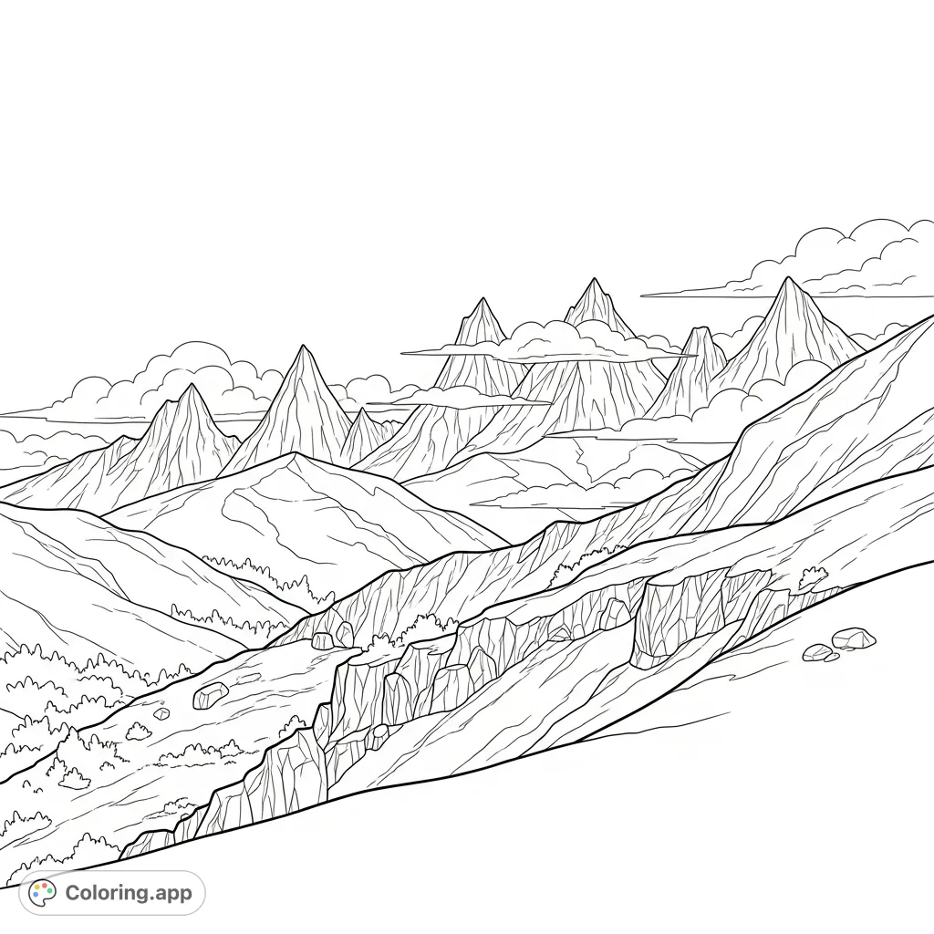A detailed coloring page featuring a panoramic mountain ridge with multiple jagged peaks, soft, flowing clouds, and intricate rock formations.
