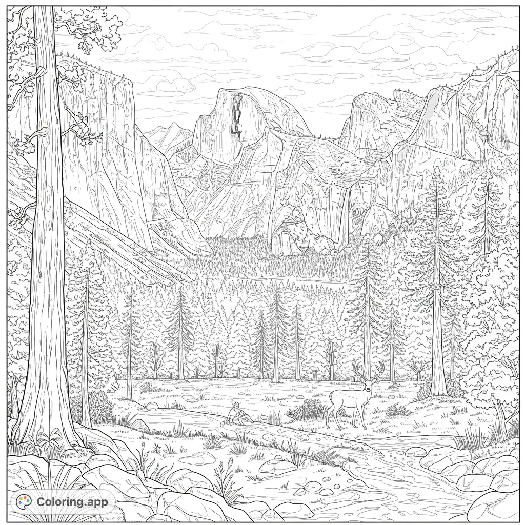 Explore a detailed nature landscape coloring page featuring towering mountains, a dense forest, a serene stream, a person, and a deer in a grand valley.