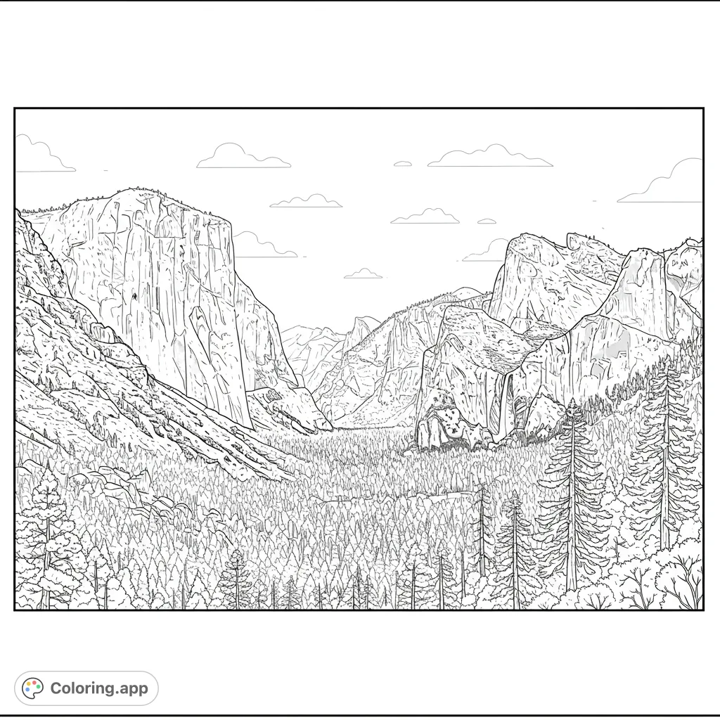 Explore a breathtaking mountain valley coloring page featuring towering cliffs, a dense forest, and a cascading waterfall. A free printable nature scene.