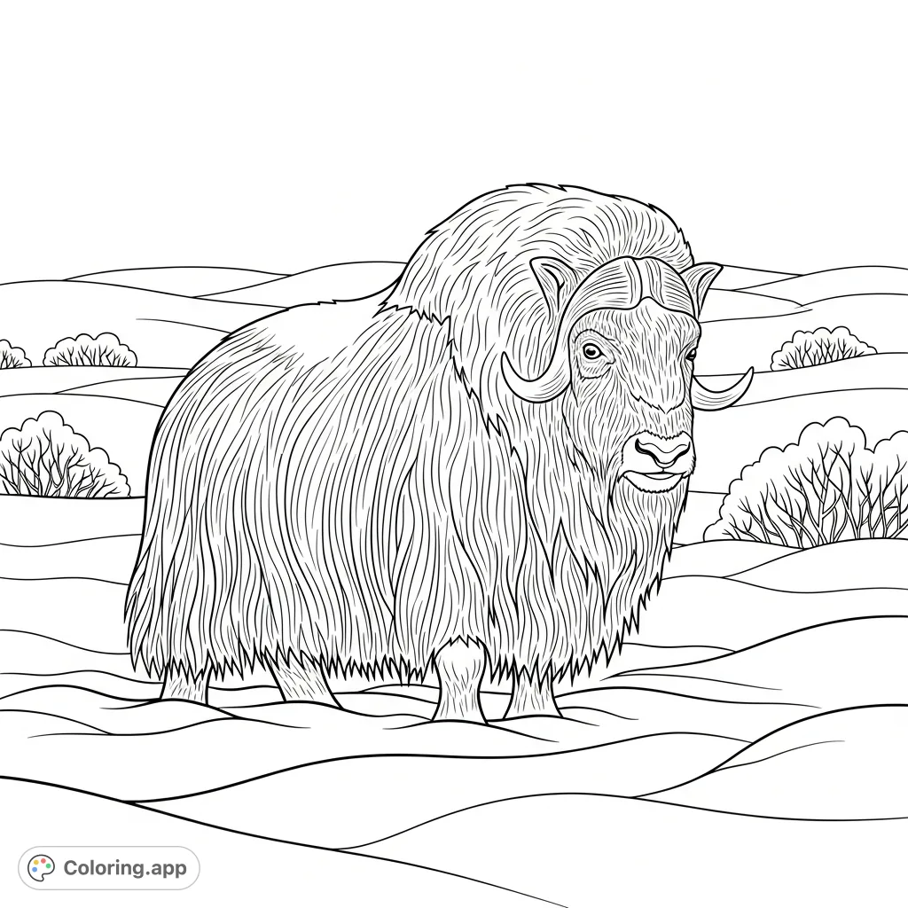 Color a majestic musk ox in a snowy landscape. Features thick fur, sweeping horns, and serene snowdrifts for a captivating arctic scene.