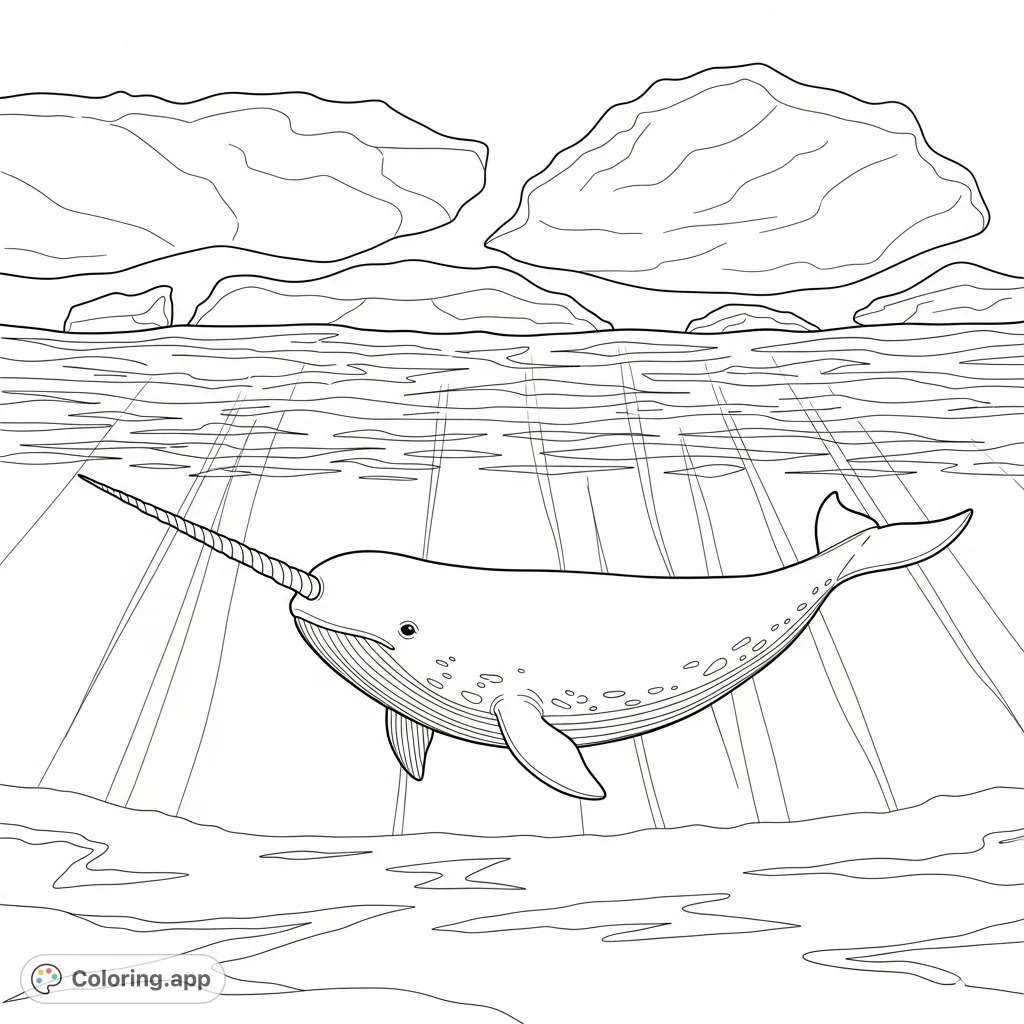 Dive into an arctic wonderland with a graceful narwhal beneath shimmering ice floes. A serene scene for imaginative coloring and relaxation.