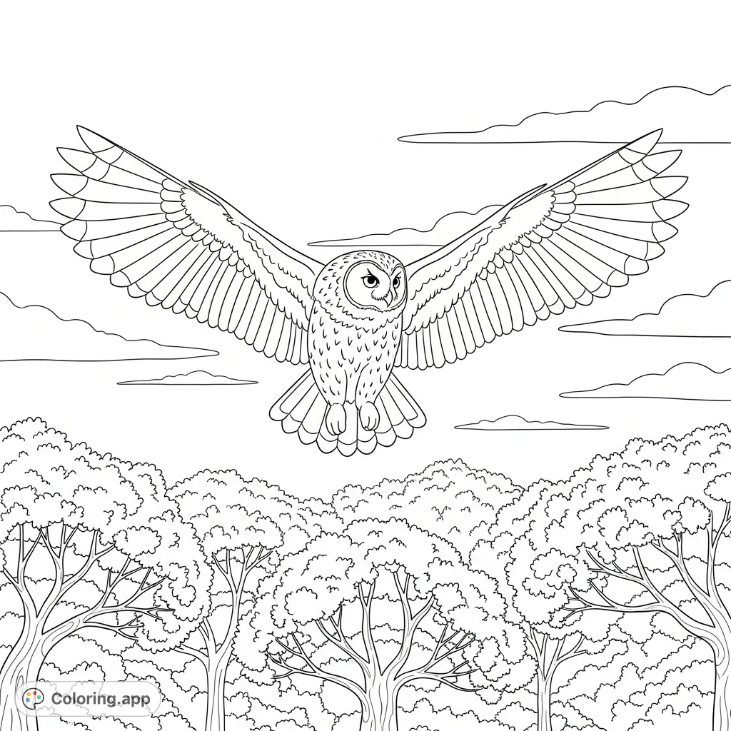 A detailed coloring page featuring a majestic owl with spread wings, soaring above a dense canopy of treetops against a vast, minimalist sky.