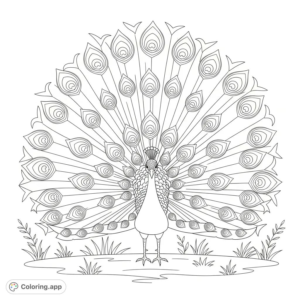 A majestic peacock showcasing its impressive tail feathers in full fan, with simplified eye-spots perfect for vibrant coloring.