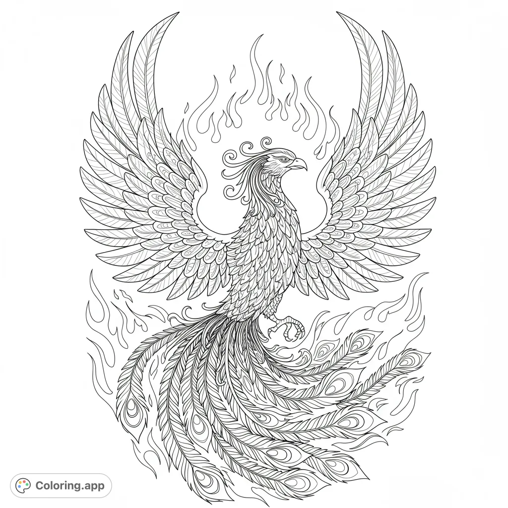 An intricate phoenix coloring page with majestic outstretched wings and a flowing, detailed tail, surrounded by stylized flames. Perfect for advanced colorists.