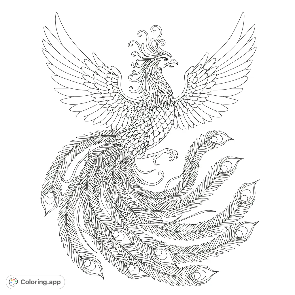 A majestic phoenix with intricate feathers and a flowing tail, wings spread wide. A detailed mythical creature perfect for a challenging coloring experience.