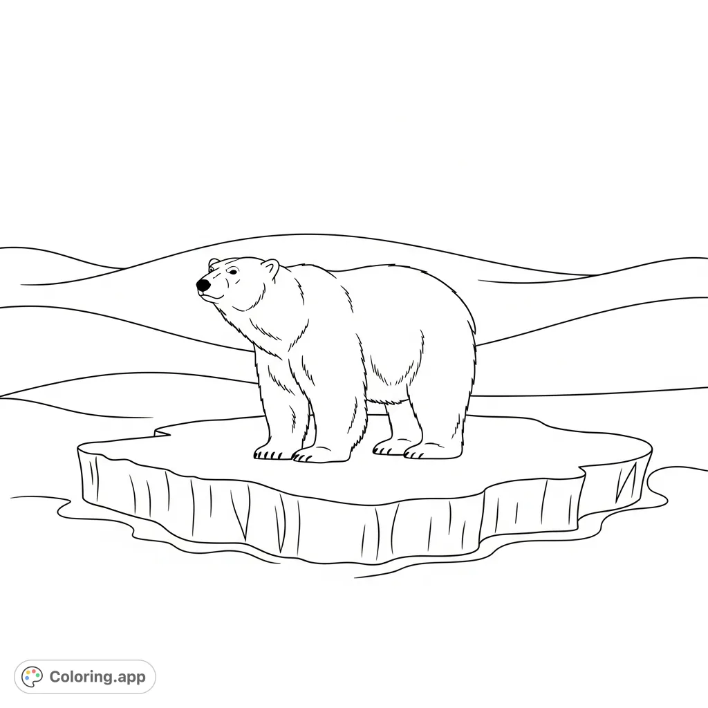 A serene arctic scene featuring a majestic polar bear standing proudly on an ice floe, surrounded by soft snow drifts. Perfect for a calming coloring experience.