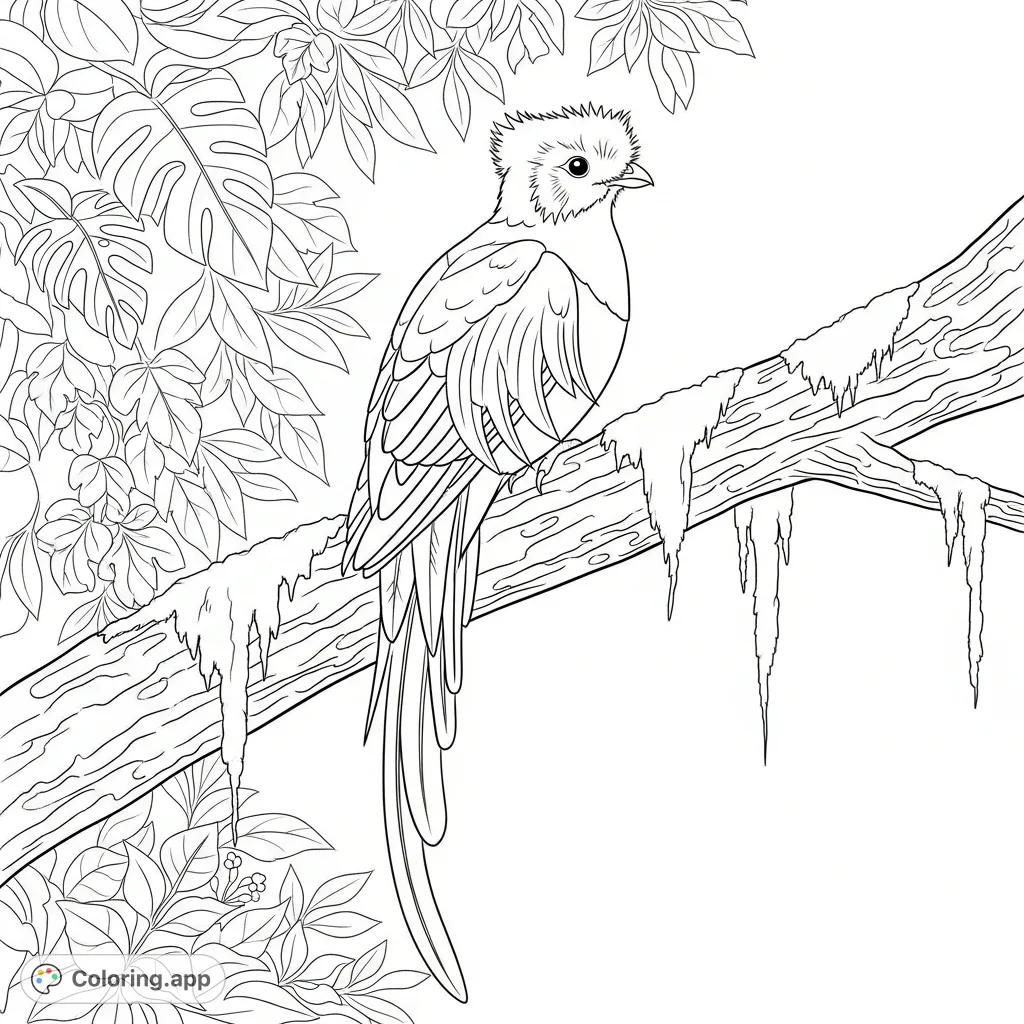 A magnificent quetzal with simplified long tail feathers perches on a detailed mossy branch, set against lush jungle foliage. Perfect for nature lovers.