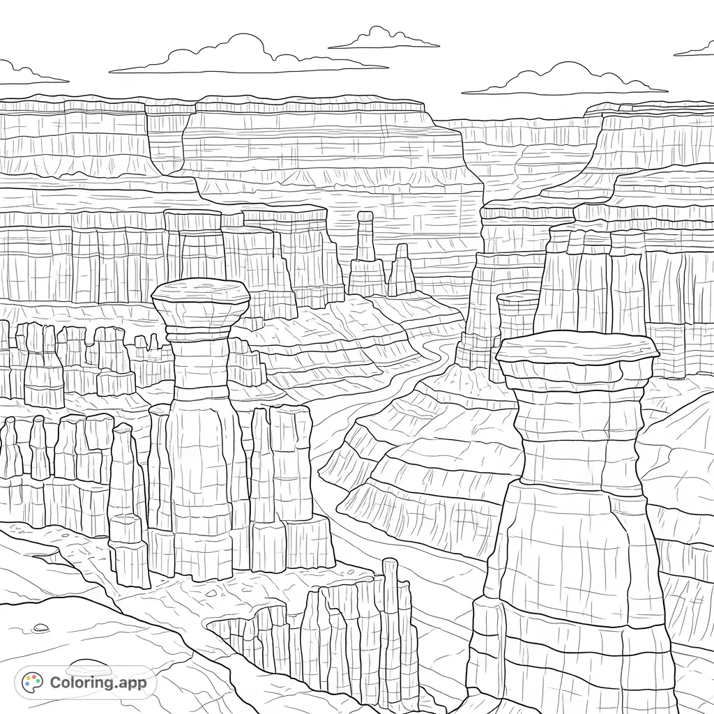 Explore a majestic red rock canyon scene, featuring towering hoodoos, intricate layered rock formations, and a vast, winding canyon floor.