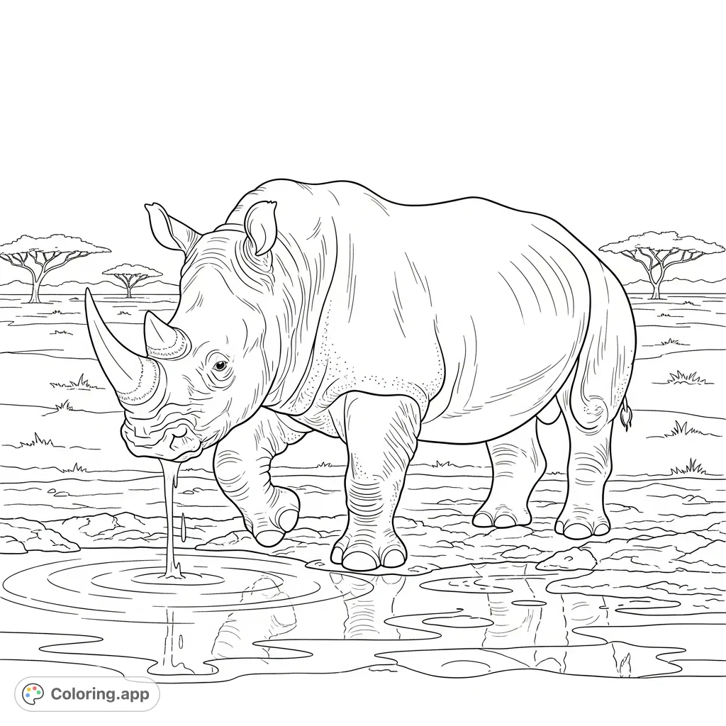 A powerful rhinoceros stands beside a textured mud pool, showcasing its thick hide and prominent horn against a savanna backdrop. Perfect for wildlife enthusiasts!