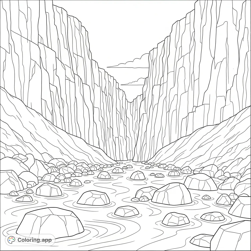 A stunning coloring page featuring a deep river gorge with towering, steep rock walls, scattered boulders, and flowing water depicted with gentle arc lines.