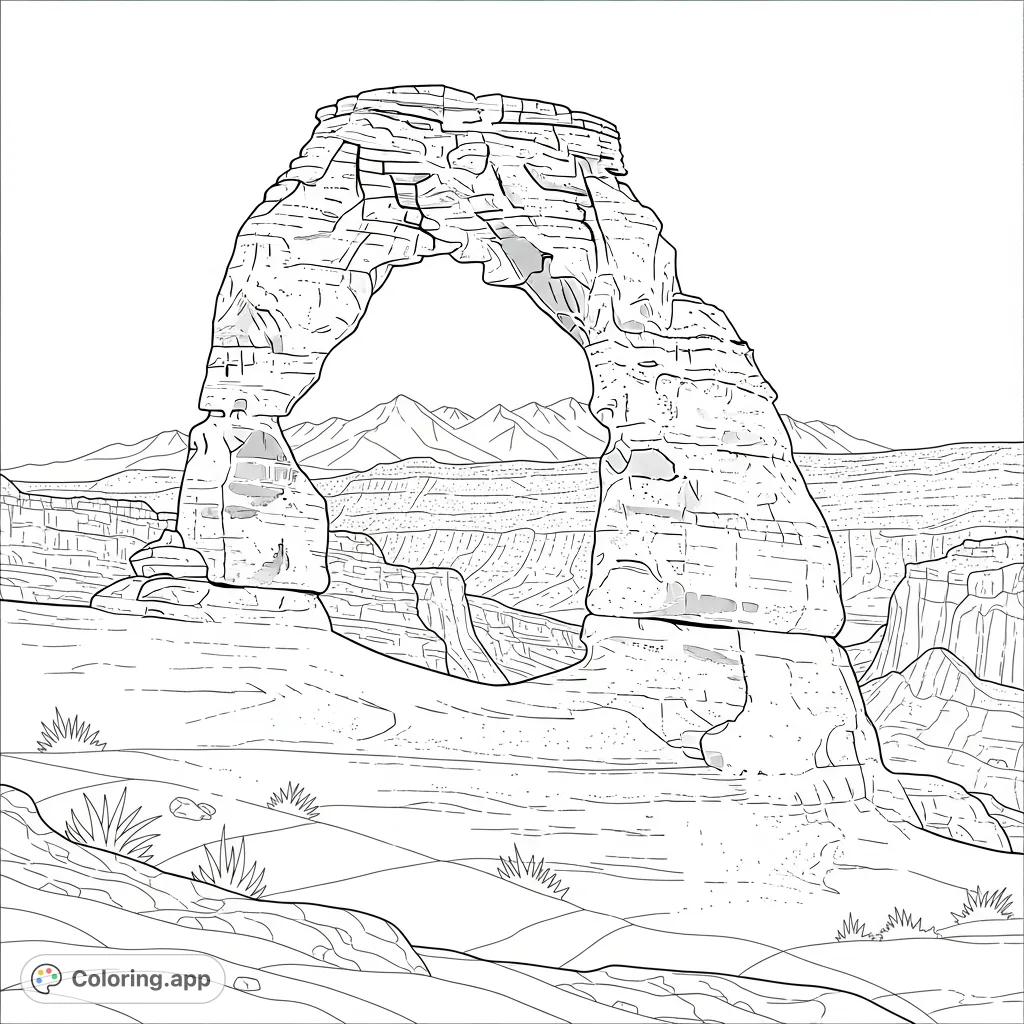 Color a stunning natural rock arch framing a panoramic mountain vista. Features rugged textures, bold ground patterns, and a serene, ancient landscape.