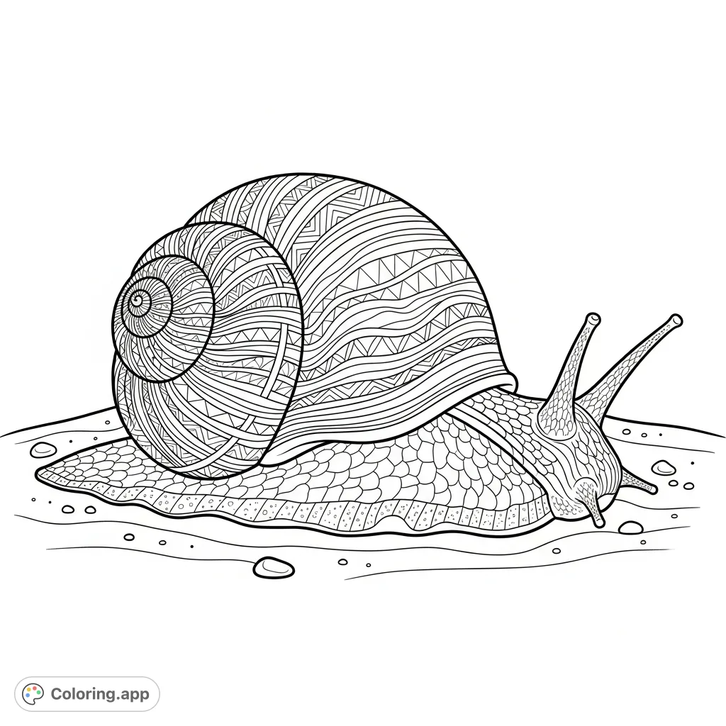 A detailed coloring page featuring a large sea snail with intricate, flowing shell patterns, resting serenely on a textured patch of sand.