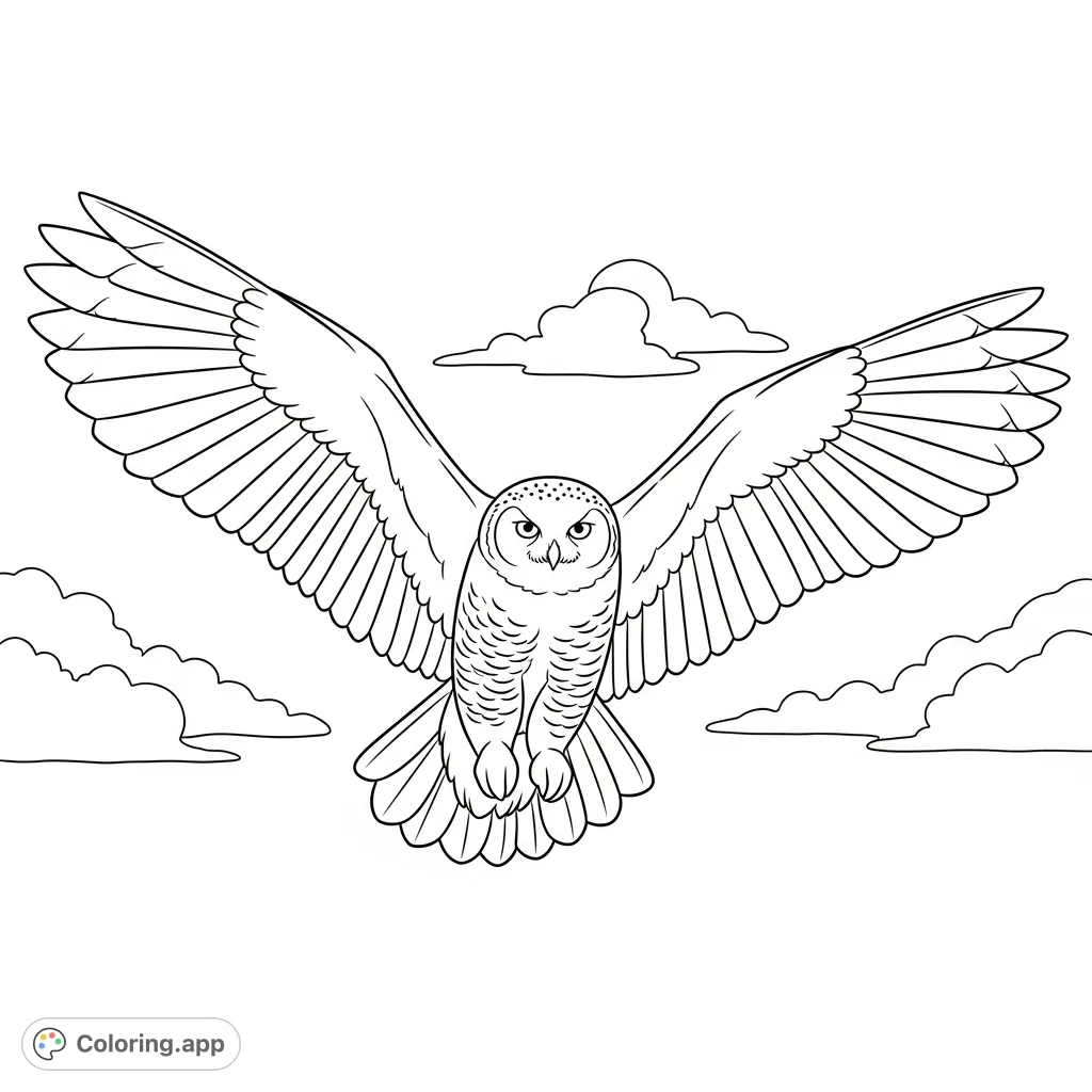A stunning coloring page featuring a majestic snowy owl mid-flight, wings fully extended, set against a backdrop of minimal, wispy clouds.