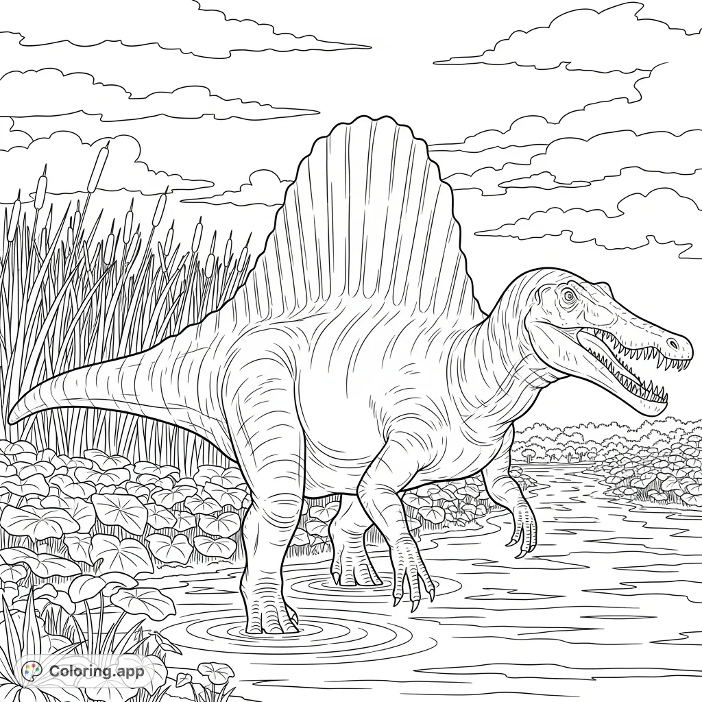 A magnificent Spinosaurus with a prominent sail wades through a shallow river, surrounded by dense reeds under a cloudy sky, offering a prehistoric coloring adventure.