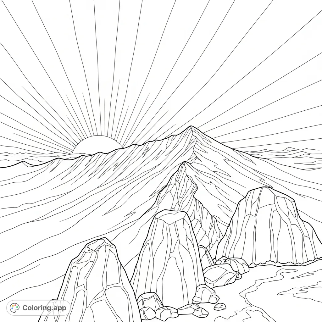 Experience a majestic sunrise over a vast ridgeline with prominent foreground rocks. Simplified rays fill the sky, inviting serene coloring.