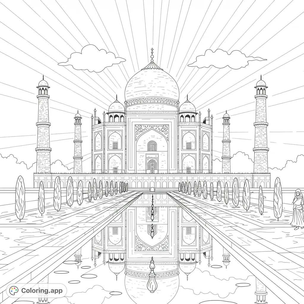 Color the majestic Taj Mahal and its perfect reflection in a serene pool, surrounded by symmetrical gardens and radiating sun rays. A beautiful architectural wonder.