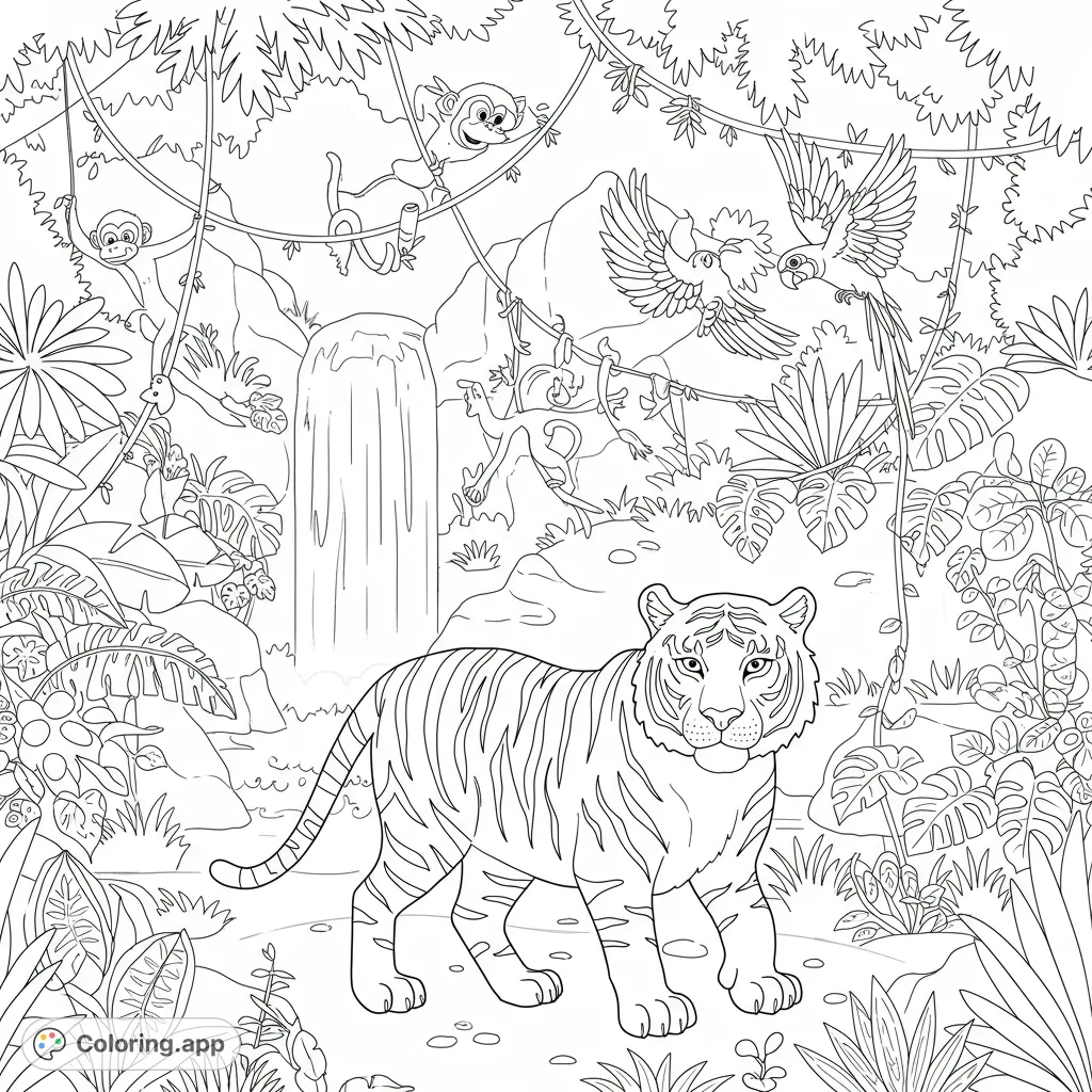 Explore a vibrant jungle with a majestic tiger, playful monkeys, and flying parrots. A free printable jungle coloring page for all ages.