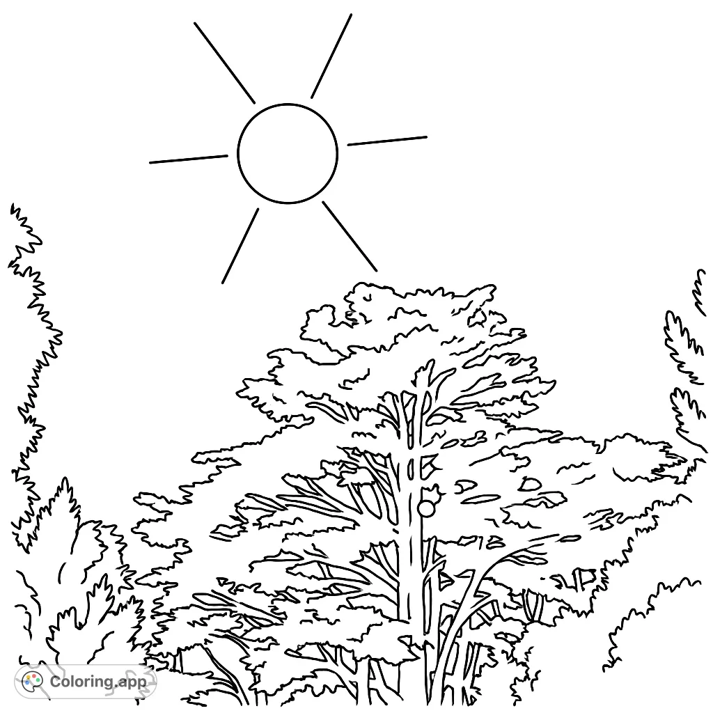 A serene nature coloring page featuring a majestic tree under a bright sun, perfect for a relaxing free printable coloring page experience for kids and adults.
