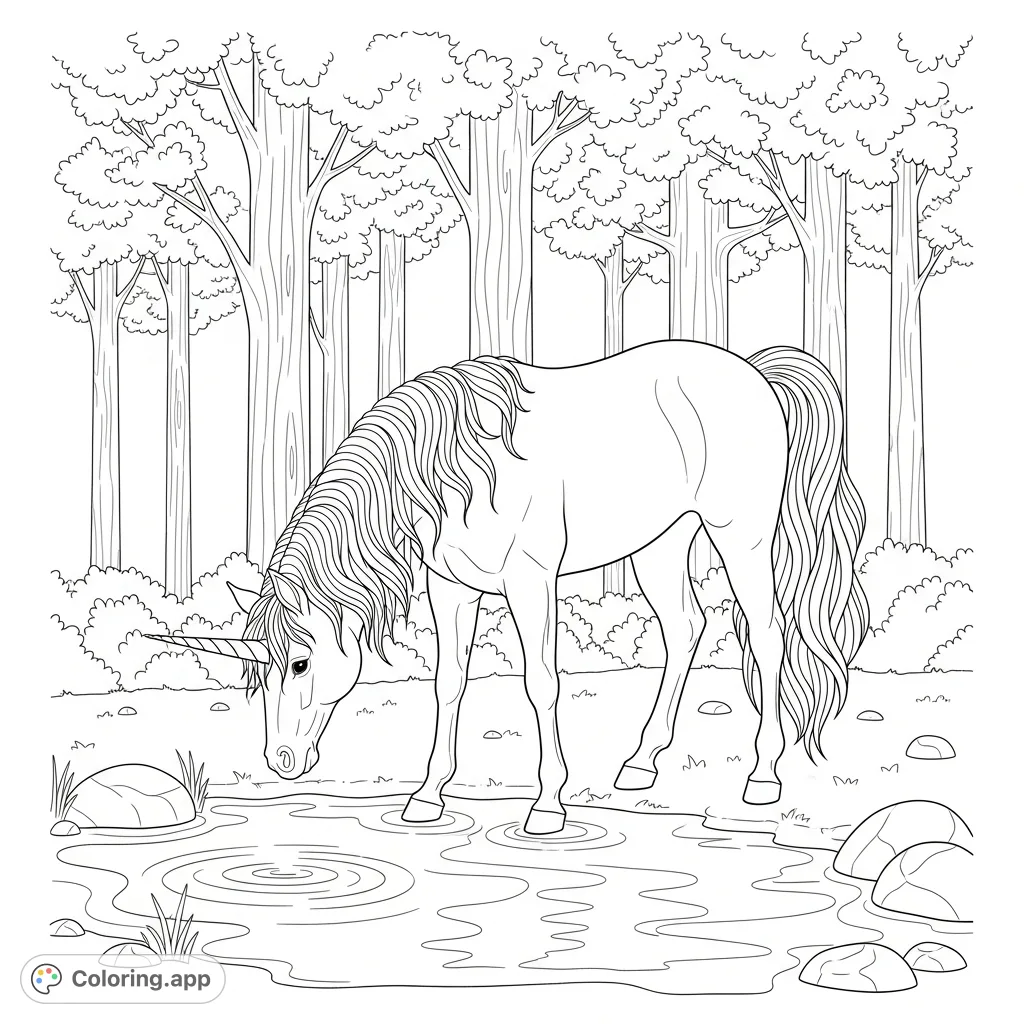 A graceful unicorn drinks from a pristine pond, surrounded by a tranquil forest. Features a flowing mane, tail, and gentle ripples on the water.