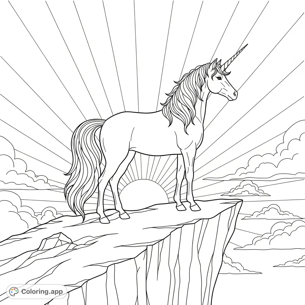 A graceful unicorn with a flowing mane stands majestically on a rugged cliff, gazing towards a rising sun and a vast, cloud-filled sky.