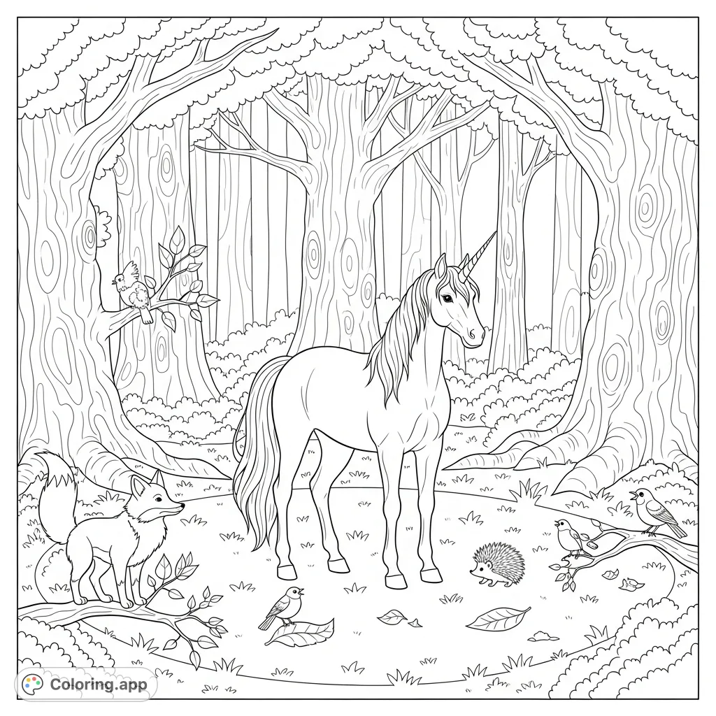 Discover a majestic unicorn in a serene forest clearing, surrounded by charming woodland creatures like a fox, bluebirds, and a hedgehog. A magical nature scene!