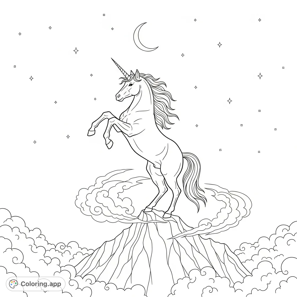 A majestic unicorn rears on a cloud-covered mountain peak, its horn reaching for the crescent moon under a star-filled sky. A magical scene of freedom.
