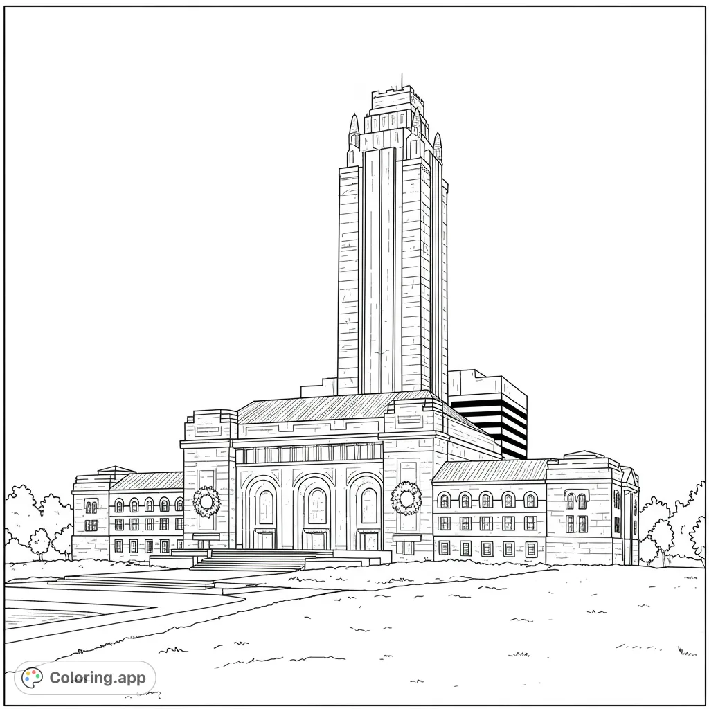 Color a majestic urban skyscraper with classical architecture, grand stairs, and lush foreground. A detailed building coloring page for all ages.