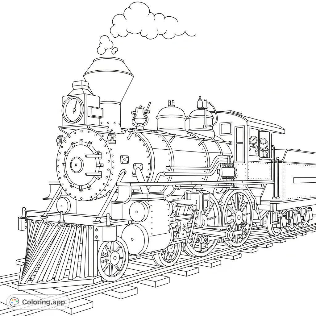 A grand vintage steam engine stands ready on tracks, showcasing its powerful design with large wheels, intricate rods, a tall smokestack, and a detailed cab interior.