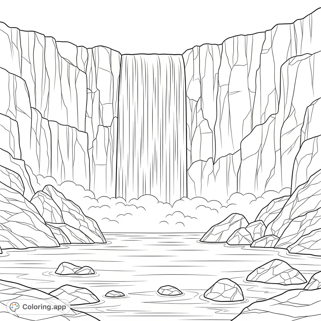 Witness a powerful waterfall plunging into a tranquil pool, framed by rugged cliffs, scattered rocks, and ethereal mist. A calming nature scene.