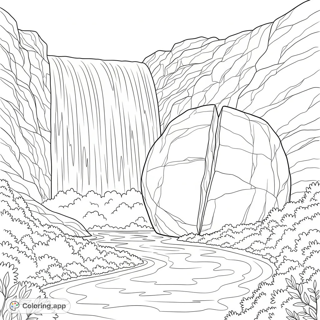 A scenic coloring page featuring a powerful waterfall cascading next to a dramatically split boulder, with a winding river flowing through a lush landscape.