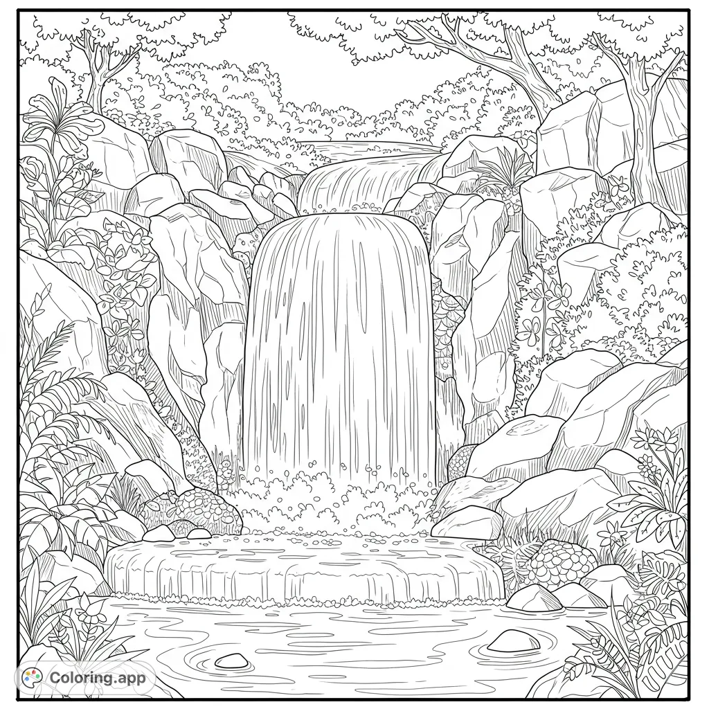 Immerse yourself in a serene waterfall coloring page, featuring a powerful cascade, intricate rocks, and lush forest foliage. A free printable nature scene.
