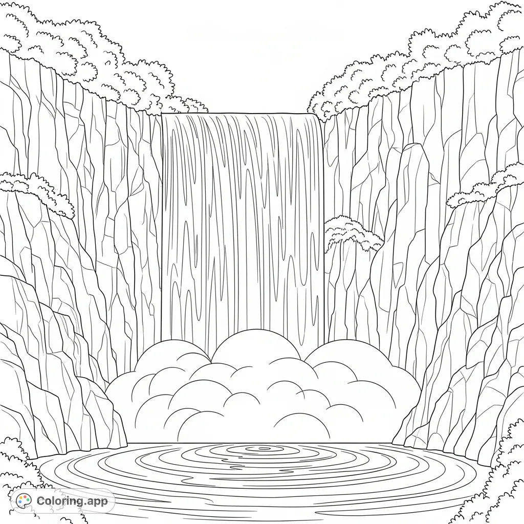 Experience the raw power of nature! Color a majestic waterfall cascading between jagged cliffs, with fine mist rising from the swirling pool below.