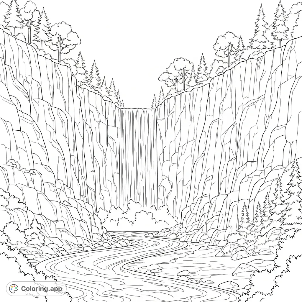 Explore a breathtaking river gorge with a powerful cascading waterfall, framed by ancient stone walls and mysterious silhouetted trees.