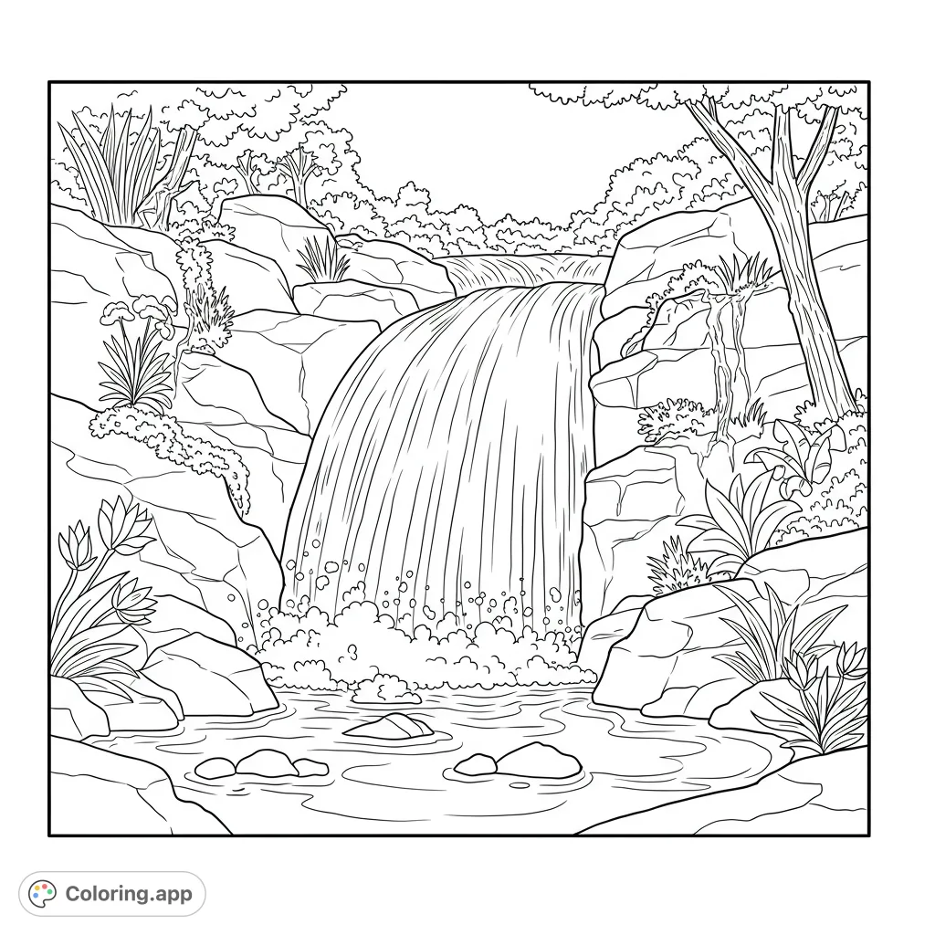 Discover a stunning waterfall cascading over rocks into a serene river. A beautiful nature scene free printable coloring page for all ages.