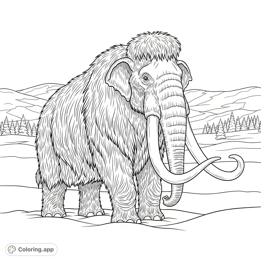 An epic coloring page featuring a magnificent woolly mammoth with shaggy fur and long tusks, standing in a serene, snow-covered prehistoric landscape.
