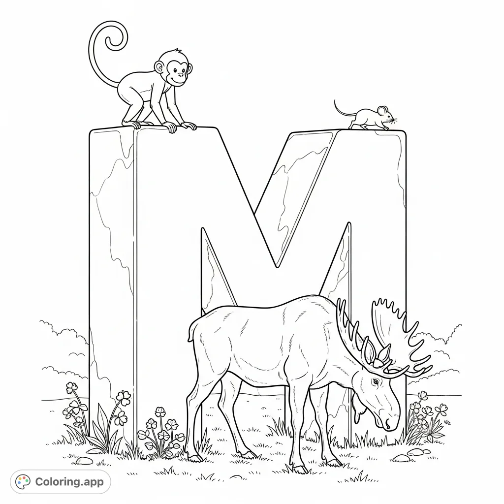 Discover a playful monkey, a calm moose, and an agile mouse interacting with a giant letter M in a sun-drenched meadow. Perfect for all ages!