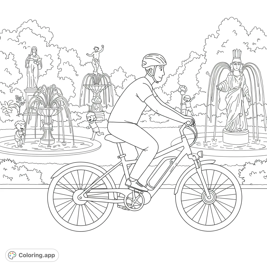 Man on e-bike in a vibrant park with ornate fountains, classical statues, and playful children. A detailed free printable park scene coloring page.