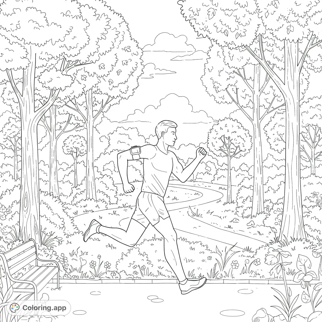 A man jogs through a vibrant park, surrounded by lush trees and a winding path, perfect for a relaxing nature coloring page.