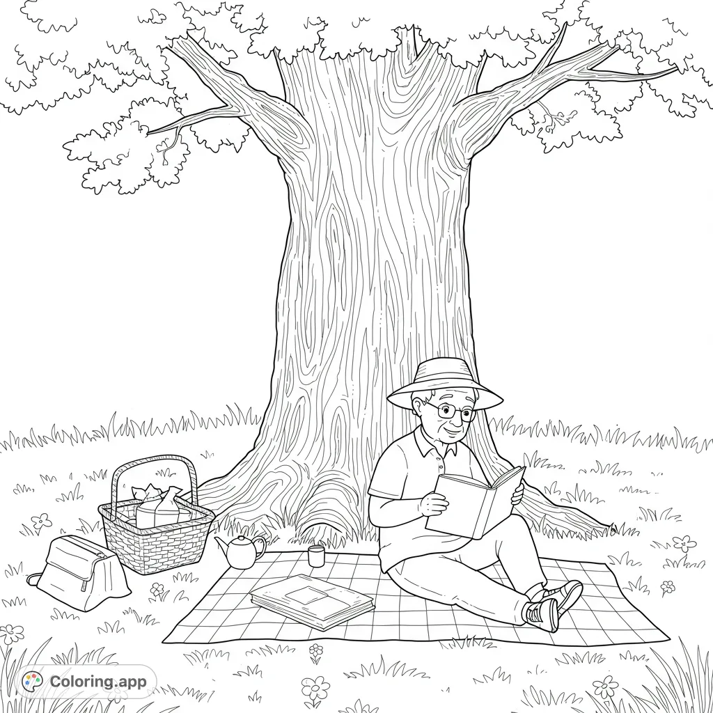A peaceful picnic scene with an elderly man reading under a grand tree, surrounded by a picnic basket and flowers. Perfect for a relaxing coloring experience.
