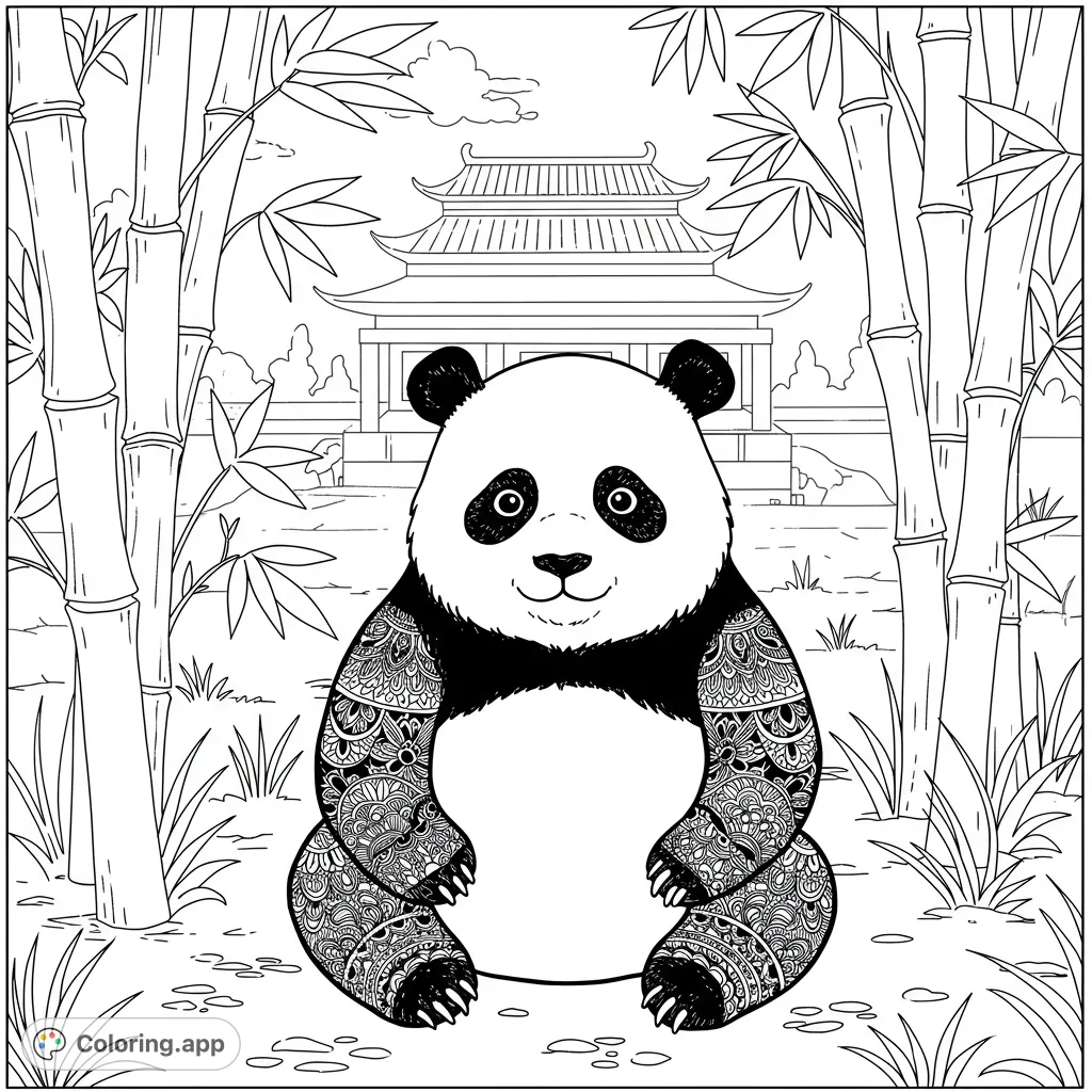 A charming panda with intricate mandala patterns on its limbs sits amidst bamboo, with a traditional Chinese temple in the background. A unique coloring page.