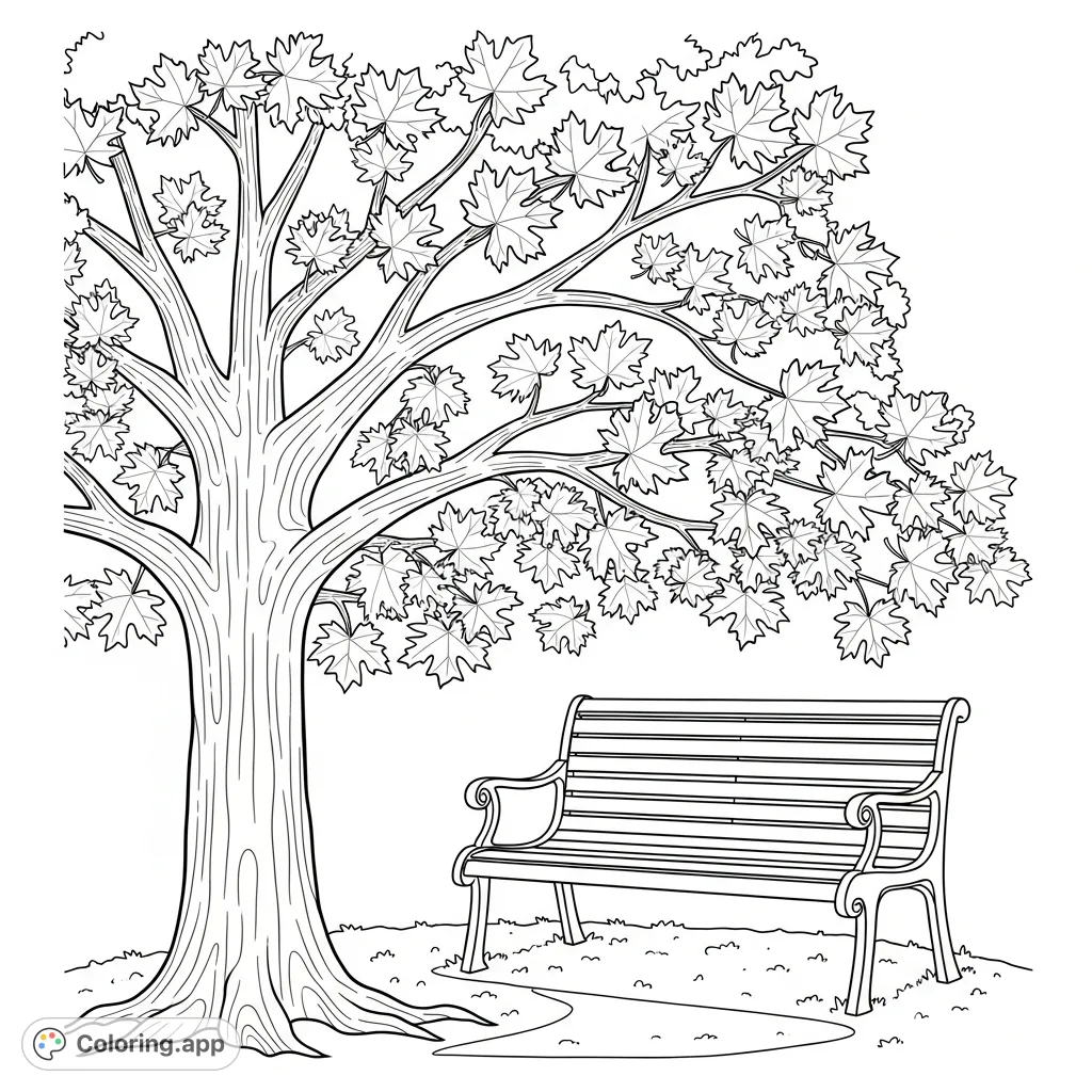 A tranquil coloring page featuring a grand maple tree with simplified leaves, its branches gracefully flowing over a classic garden bench, perfect for relaxation.