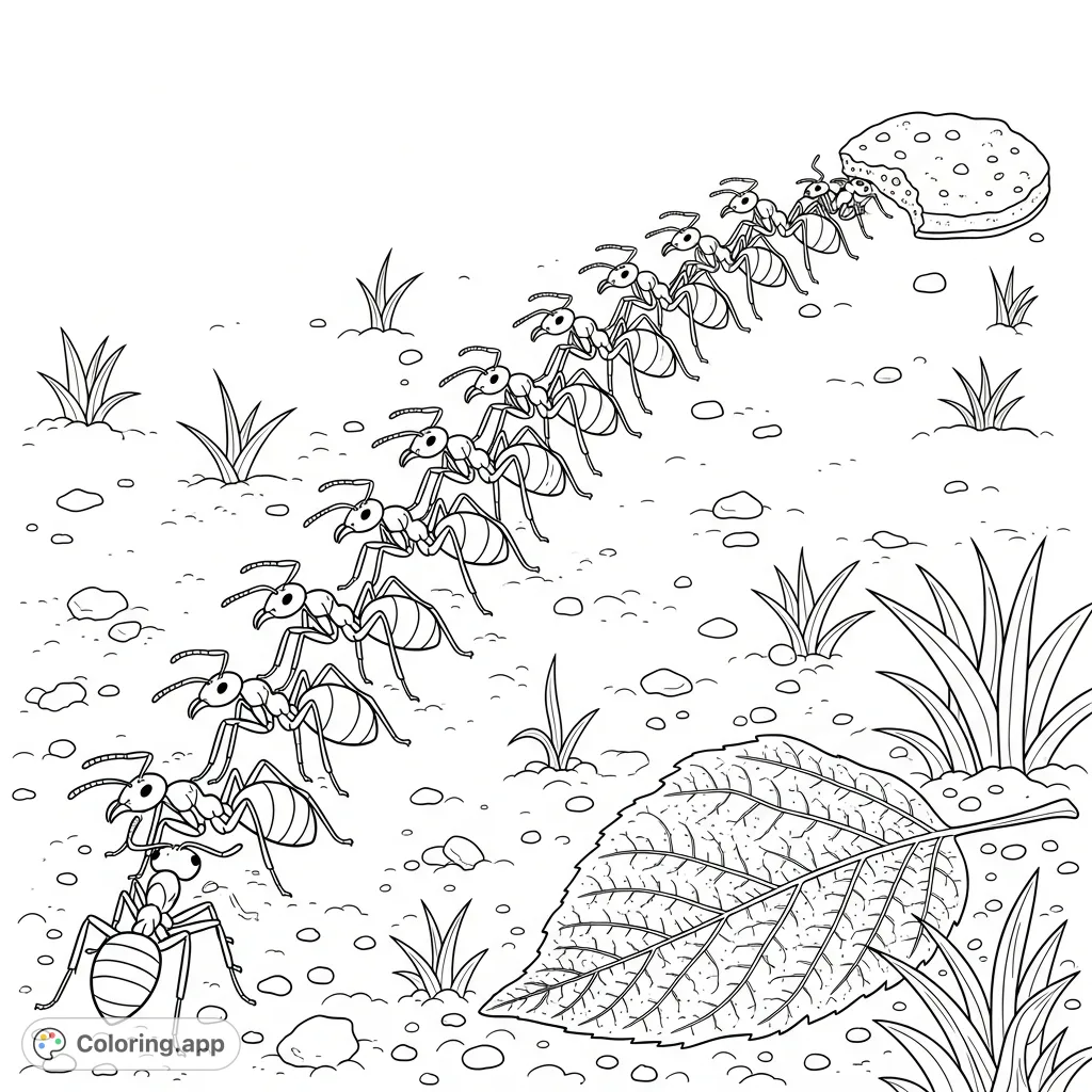 Witness a determined line of ants on their journey towards a delicious food discovery. A charming scene for nature enthusiasts of all ages.