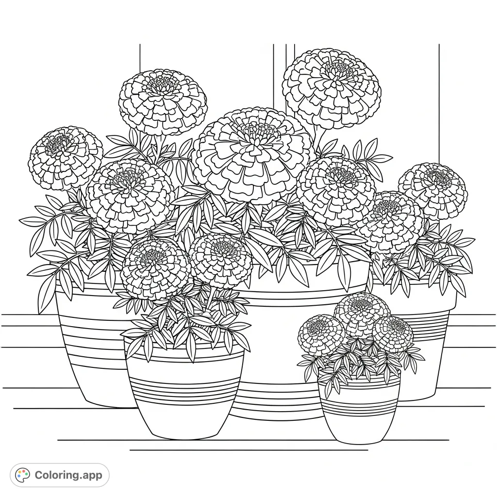 A charming coloring page depicting a vibrant cluster of marigold plants blooming in various terracotta pots, perfect for a sunny garden scene.