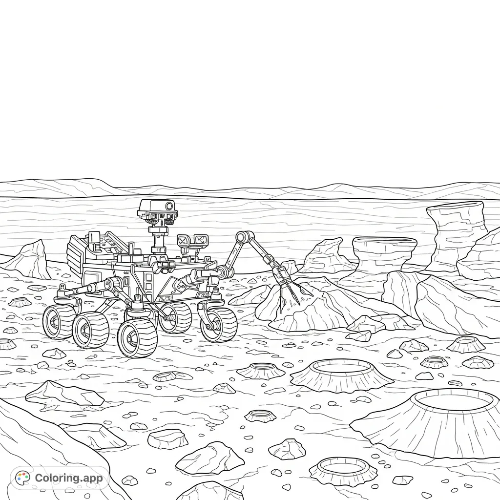 Explore the Martian surface! A robot rover examines unique rocks on the red planet, offering an engaging coloring adventure for space enthusiasts.