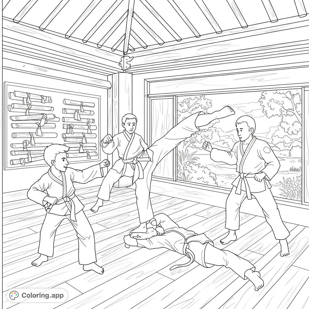 Dynamic martial arts training scene in a traditional dojo. Features students practicing kicks and punches. A free printable karate coloring page.